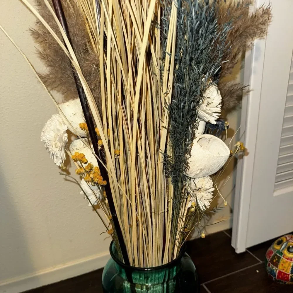 Stunning Dried Floral Arrangement in Blue- Green Glass Vase handmade in Spain